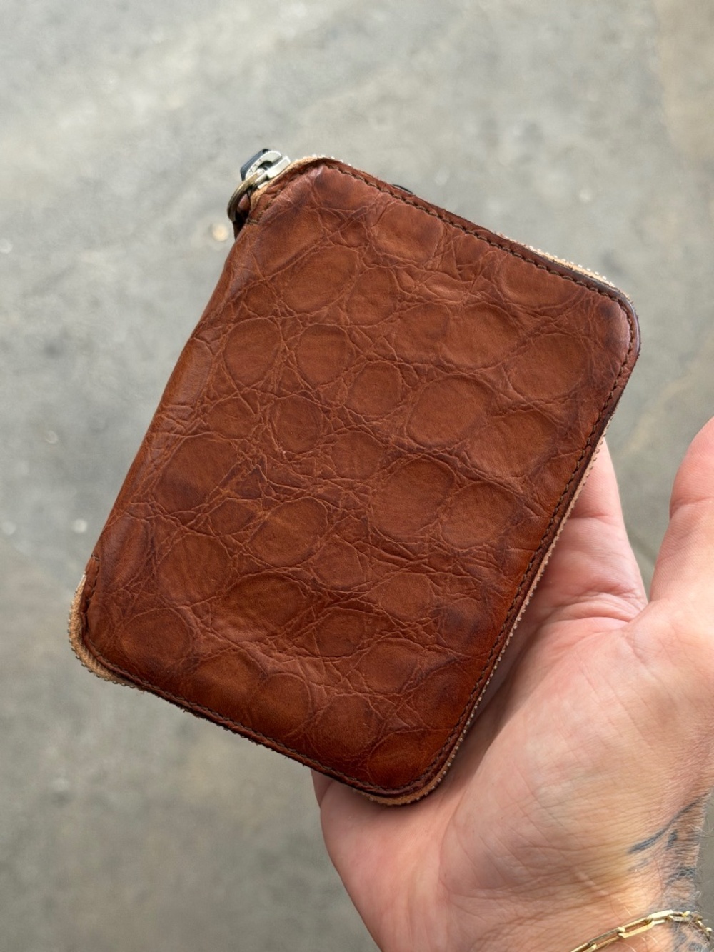 Campomaggi Leather Embossed Zip Bifold Wallet in Cognac